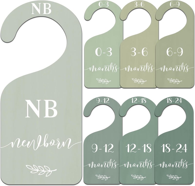 Whaline 7Pcs Green Wooden Baby Closet Size Dividers with Green Velvet Bag Newborn to 24 Month Thicken Infant Wardrobe Hanger Organizers for Home Nursery Supplies - Image 1